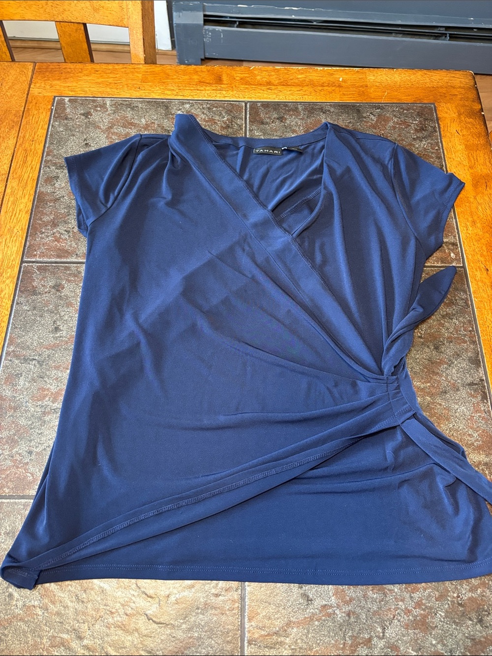 Tahari Navy Faux-Wrap Cap Sleeve Blouse